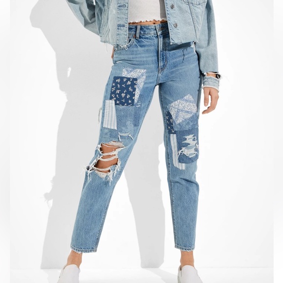 American Eagle Outfitters Denim - American Eagle Outfitters Patch Mom Straight Jean Distress Blue Womens Sz 20L